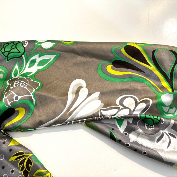 ETCETERA Retro Vibrant Floral Silk Blouse Top Shirt Green Silver Gray Ruffle Tie - Picture 8 of 11